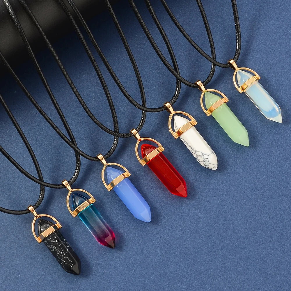 7pcs/set Hexagon Pillar Quartz Necklace Turquoise Pink Crystal Necklace Genuine Leather Chain Natural Stone Choker Necklace