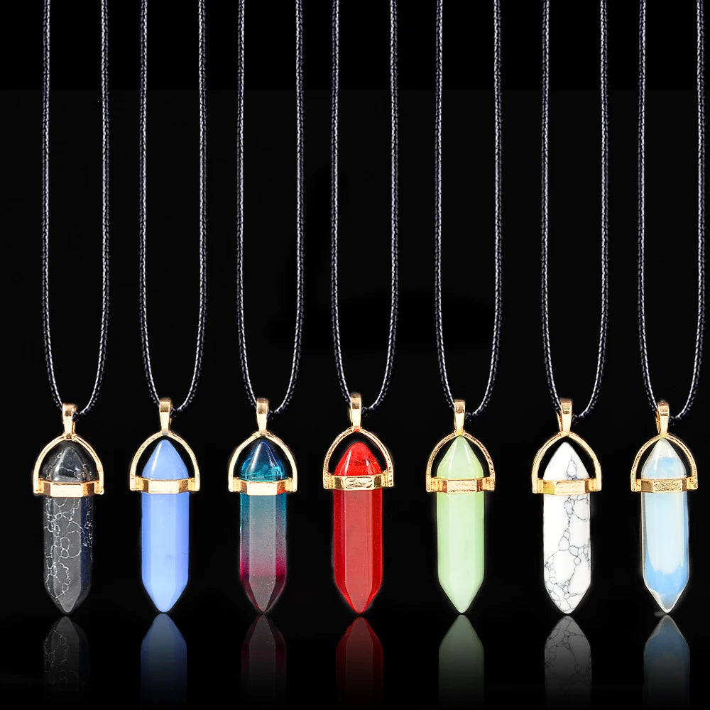 7pcs/set Hexagon Pillar Quartz Necklace Turquoise Pink Crystal Necklace Genuine Leather Chain Natural Stone Choker Necklace