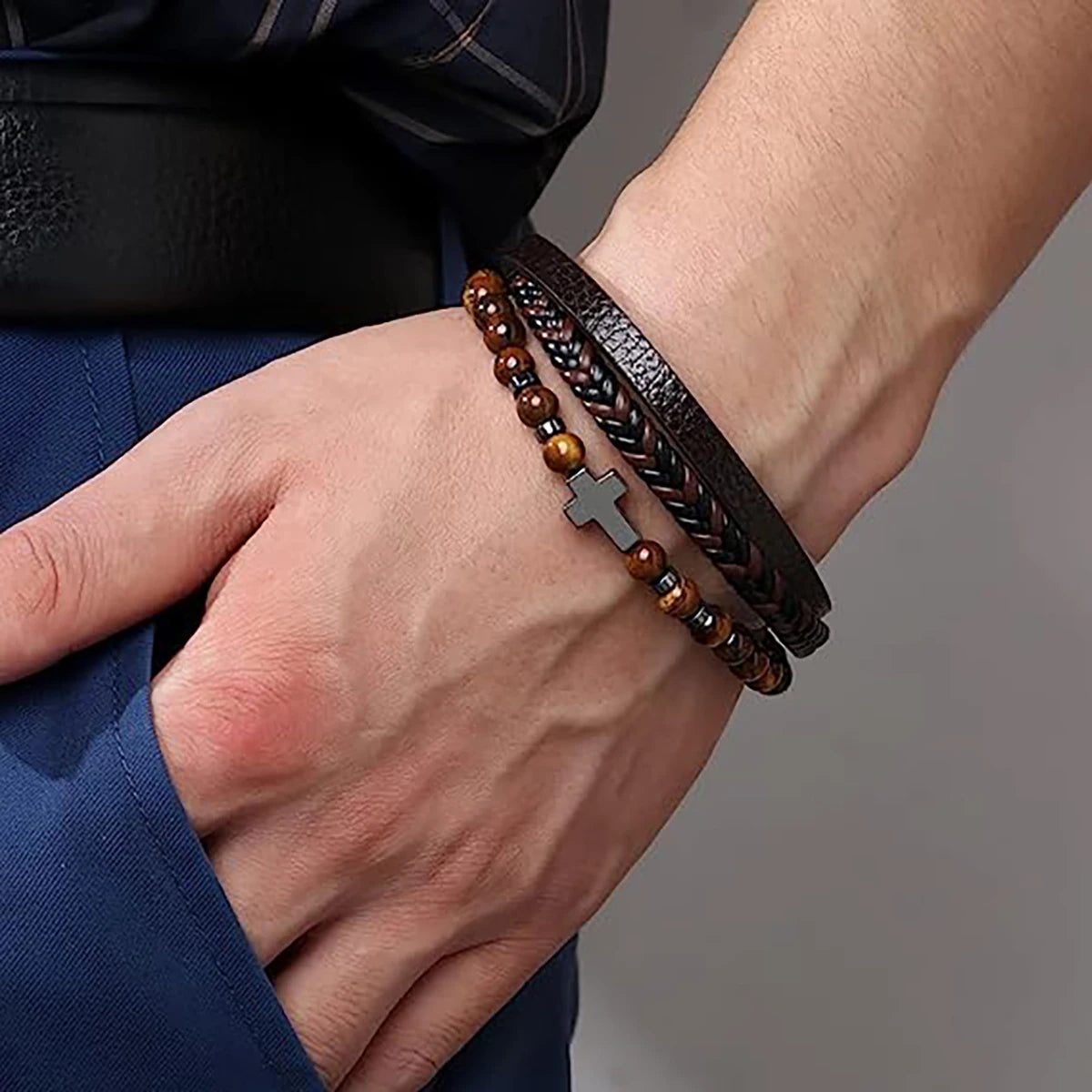 Vintage Multi-Layer Leather Bracelet Men Punk Cross Charm Tiger Eye Stone Beads Bracelet Fashion Braided Wrap Wristbands Jewelry
