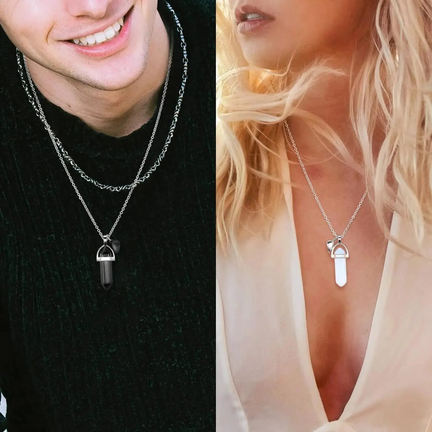 Crystal Friendship Matching Couples Necklaces for Women Men with Heart Charm, Dainty Rose Quartz Best Friends BFF Necklace