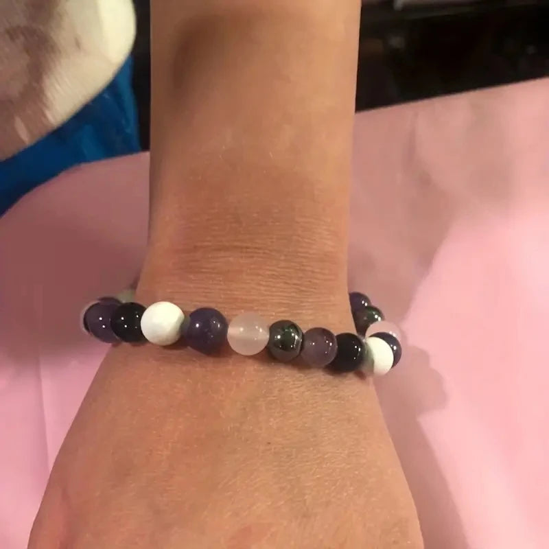 Stress Relief Bracelet: Amethyst, Black Tourmaline, Clear Quartz, Hematite, Lepidolite, Rose Quartz and White 8mm Round Crystal