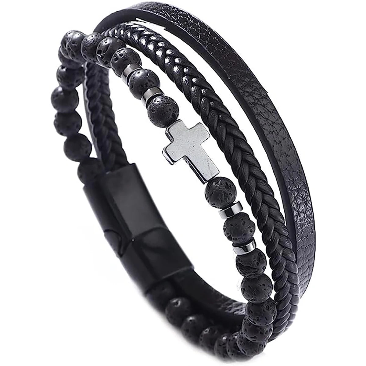 Vintage Multi-Layer Leather Bracelet Men Punk Cross Charm Tiger Eye Stone Beads Bracelet Fashion Braided Wrap Wristbands Jewelry