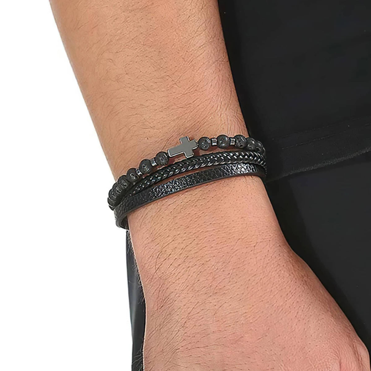 Vintage Multi-Layer Leather Bracelet Men Punk Cross Charm Tiger Eye Stone Beads Bracelet Fashion Braided Wrap Wristbands Jewelry