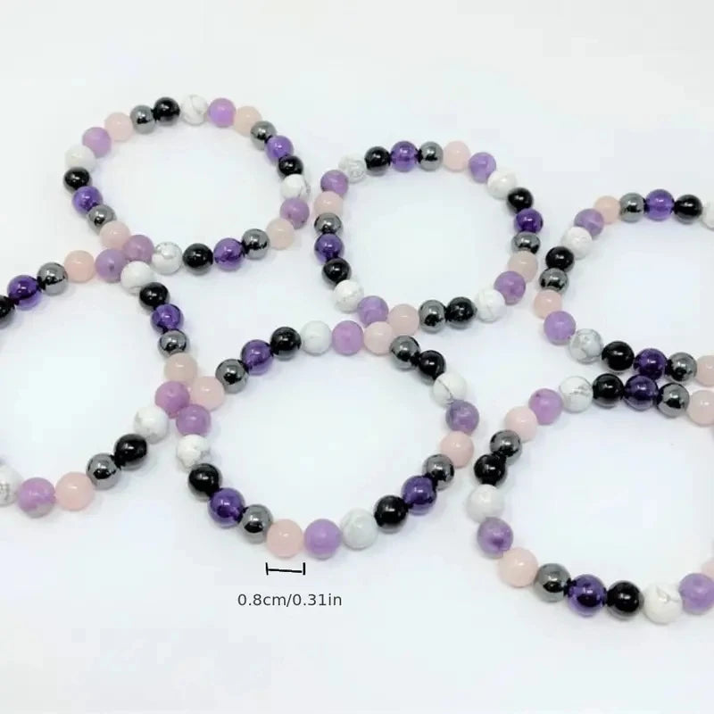 Stress Relief Bracelet: Amethyst, Black Tourmaline, Clear Quartz, Hematite, Lepidolite, Rose Quartz and White 8mm Round Crystal