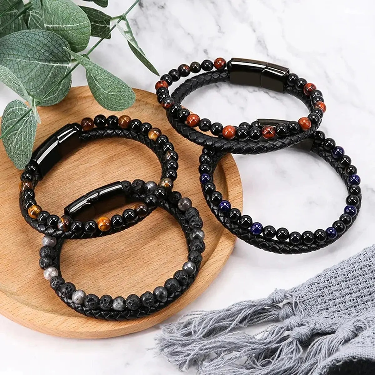 Stainless Steel Bracelet Tiger Eye Stone Beads Bracelet Natural Lava Stone Beads Stainless Steel Bracelet Men Women Jewelry